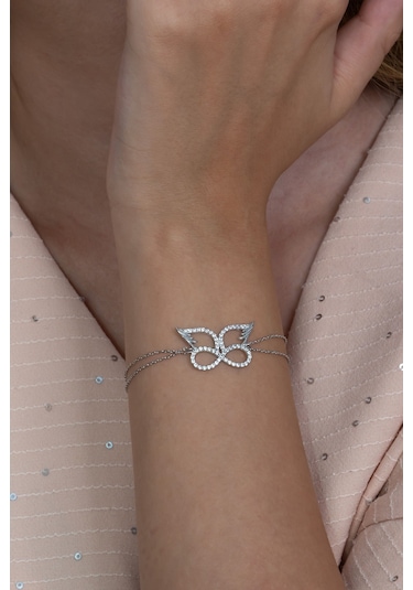 Kanatlı Sonsuzluk Taşlı Kadın Gümüş Bileklik Ybl06