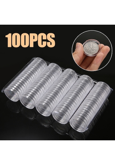 100 Adet 27mm Yuvarlak Şekilli Şeffaf Para Koleksiyon Tutucu