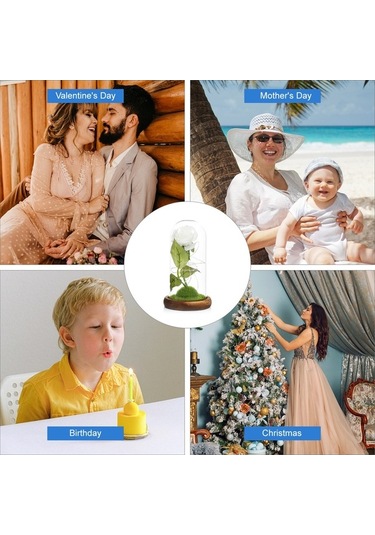 Ulzyvf Led Işıklı Ahşap Tablalı Dekoratif Cam Kubbeli Suni Gül - Romantik Hediye