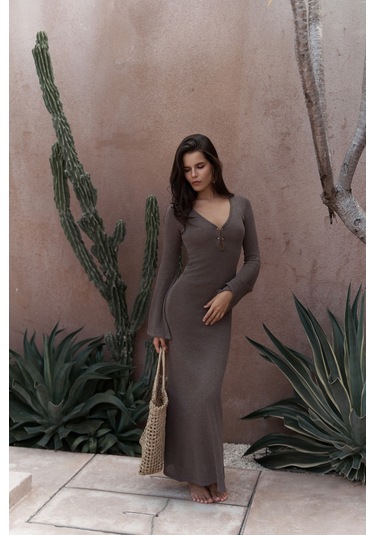 Ortensia Metal Detay Kahve Uzun Triko Elbise Kahve