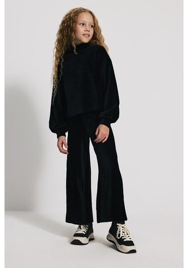 Kids Girl Geniş Paça Kadife Siyah Jogger Siyah