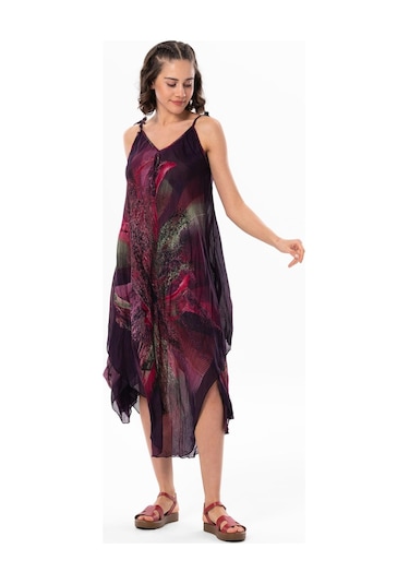 Askılı Vual Afrodit Midi Boy Yazlık Elbise Mürdüm 6210 - Kadın Mürdüm