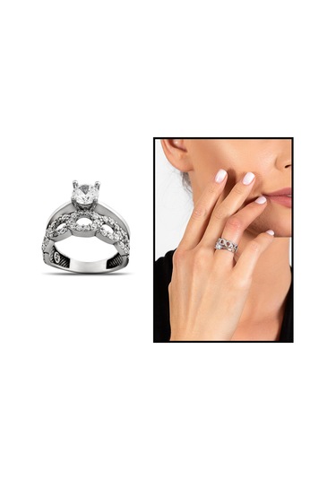 Zirkon Taşlı Zincir Tasarım 925 Ayar Gümüş Kadın Tektaş Yüzük Beyaz