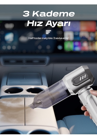 7go Ahv-14 2'si 1 Arada Kablosuz Araç İçi Süpürge Gümüş 18000pa Güçlü Vakum + Üfleme Cam Kırıcı Gümüş