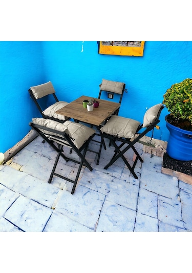 Modern Style Home Minderli Balkon Bahçe Mutfak Bistro Set Katlanır 4+1 Masa-sandalye Krem