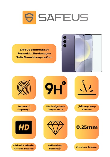 Safeus Tam Kaplayan Parmak İzi Bırakmayan Safir Ekran Koruyucu Cam , Samsung S24 İle Uyumlu
