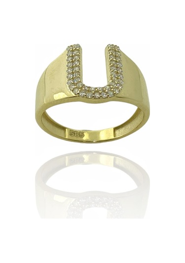 Magümüş 14 Ayar Altın U Harfli Üst Kalite Trend Harf Yüzük