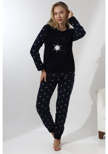 Fawn 5020 Peluş Welsoft Polar Kışlık Yumoş Kadın Pijama Takımı Lacivert
