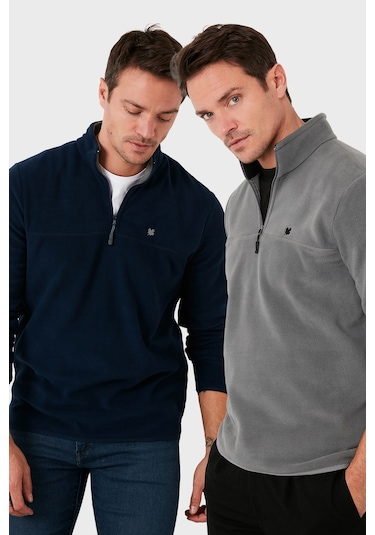 Buratti Slim Fit Anti-Pilling Tüylenme Yapmayan Bato Yaka Şardonlu 2'Li Paket Erkek Polar 5906001S2 Gri-Lacivert