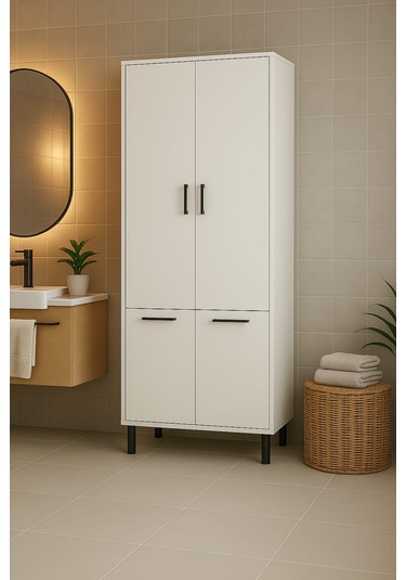 Çift Çamaşır Sepetli Banyo Dolabı Beyaz