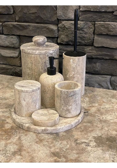 Yeni Silver Gümüş Traverten 7'li Banyo Seti Çöp Kovası Kendinden Tutmalı Kulp Beyaz