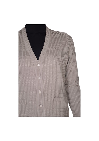 Hesna Kadın Nilay Anne Cepli Düğmeli Taş Beji Triko Ceket 001