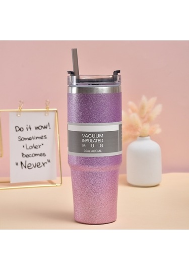 Rogfer 30oz Parıltılı Yalıtım Kahve Fincanı Çift Katmanlı Buz Kupası Saman İle Paslanmaz Çelik Araba Kupası Mor Pembe Mor - Pembe