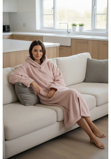 Serona Wellsoft Peluş Kapüşonlu Uzun Panço Yumuşak Dokulu Giyilebilir Tv Battaniyesi Pudra S/m Pudra