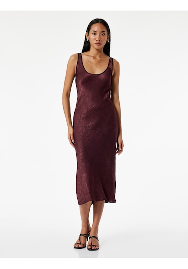 Koton Slim Fit Kolsuz U Yaka Kalın Askılı Uzun Saten Elbise Bordo 6wak80025uw Bordo