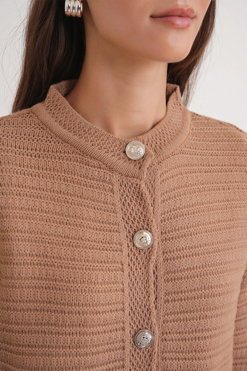 6778 Kadın Links Desenli Crop Triko Hırka Camel Camel