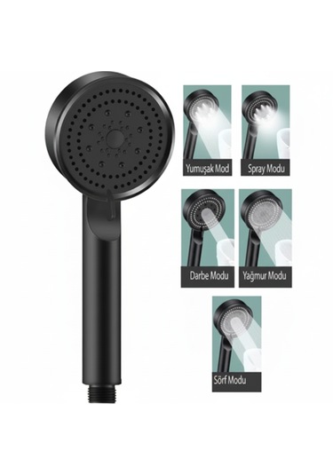 Karizma Renk Detay Siyah - Ayarlanabilir 5 Fonksiyonlu - Turbo Basınçlı - Ultra Lüks El Duş Başlığı Siyah