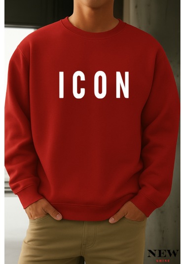 Icon Baskılı Bisiklet Yaka Sweatshirt Kırmızı