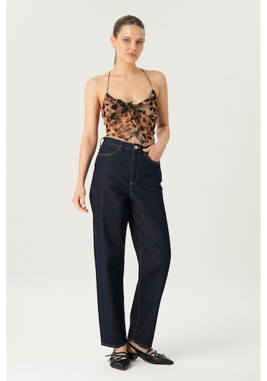 Ariana Koyu Mavi Yüksek Bel Patı Fermuarlı Mom Jean Pantolon C 4525-181 Koyu Mavi