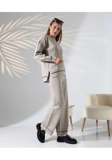 Kontrast Dikişli Kadın Triko Takım Vizon