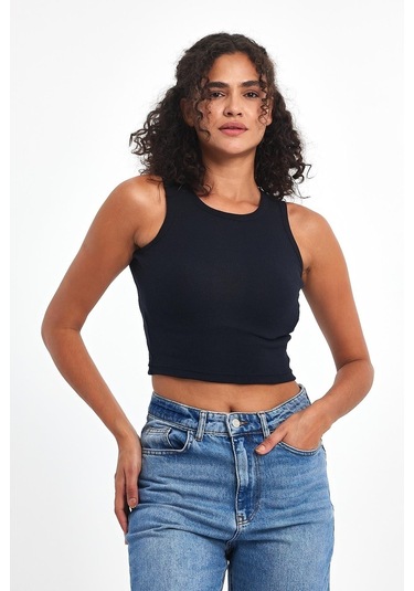 Kadın Siyah-gri-beyaz-lacivert Fitilli Görünümlü Askılı Kalın Esnek Örme 4'lü Basic Crop Atlet Bluz