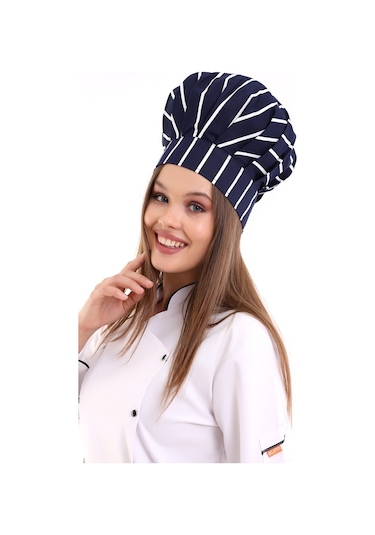 Lacivert Beyaz Çizgi Desenli Aşçı Mantar Şapka - Unisex-Standart-Tek Parça