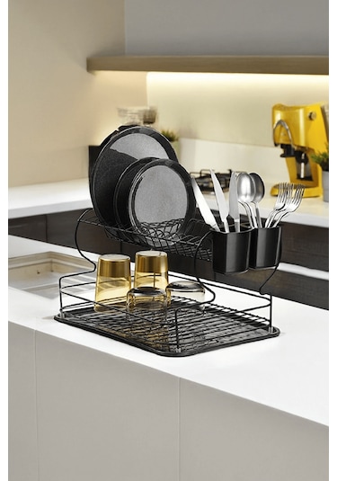 Siyah 2 Katlı Bulaşıklık – Dayanıklı Paslanmaz Metal Tabaklık, Termo Plastik Kaplama, Alt Tepsili - (TB-02 E)