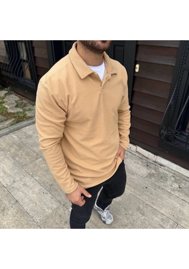 Erkek Fitilli Polar Sweatshirt Düğmesiz Polo Yaka, Oversize Rahat Kalıp, Kalın Polar Kumaş, Kışlık Bej