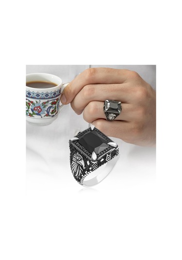 Kartal Motifli Kare Siyah Taşlı 925 Gümüş Erkek Yüzük