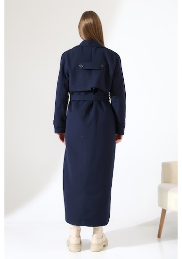 Amazon Keten Kumaş Uzun Boy Düğmeli Astarlı Yumuşak Dokulu Trenç Kot Lacivert Lacivert