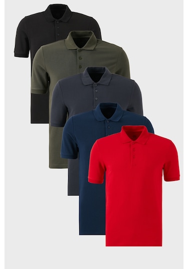 Buratti Pamuklu Regular Fit Düğmeli Polo Yaka 5'Li Paket Erkek T Shirt 5902127S5 Siyah-Kırmızı-Antrasit-Haki-Indigo
