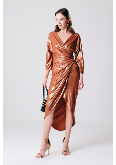 Explosion Kadın Büyük Beden Simli Parlak Örme Kruvaze Abiye Elbise 57692 B Bakır Bakır