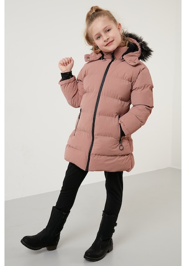 Lela Yakası Suni Kürklü Peluş Astarlı Çıkarılabilir Kapüşonlu Dar Kesim Kışlık Kız Çocuk Mont 5760002 Pudra