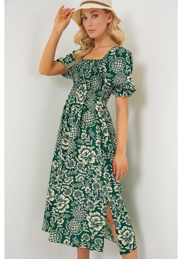 Kare Yaka Prenses Kol Önü Gipeli Yanları Yırtmaçlı Çiçek Desenli %100 Pamuk Midi Boy Viskon Elbise Yeşil