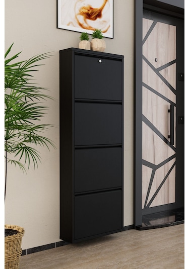 Kilitli 4 Kapaklı Metal Ayakkabılık Siyah Siyah