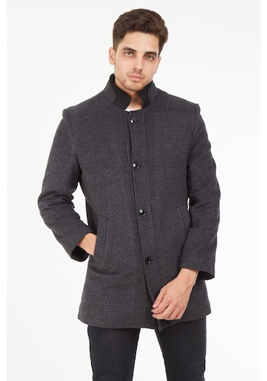 Sposo 1739 Düğmeli Hakim Yaka Yünlü Kaşe Antrasit Erkek Kaban Antrasit Melanj