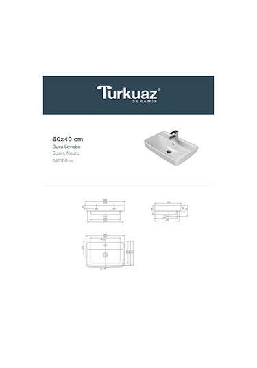 Turkuaz Seramik Cerastyle (Duru) Mobilya Uyumlu Lavabo 40 x 60