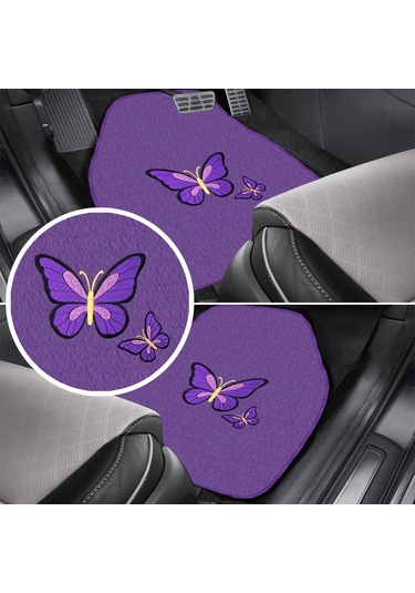 Kelebek Desenli Nakışlı Mor Renk 5 Li Oto Halı Paspas Seti Şık & Dayanıklı Araç İçi Aksesuar