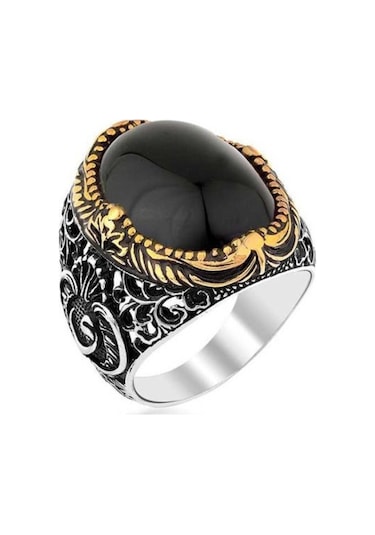 925 Ayar Gümüş Vav Işlemeli Oniks Taşlı Erkek Yüzük - 554944288