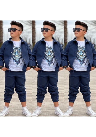 Modavals Gabardin Gömlek Kargo Cep Pantolon Ve Kaplan Baskılı Tshırt 3 Parça Erkek Çocuk Takım Lacivert Modavals Gabardin Gömlek Kargo Cep Pantolon Ve Kaplan Baskılı Tshırt 3 Parça Erkek Çocuk Takım Lacivert