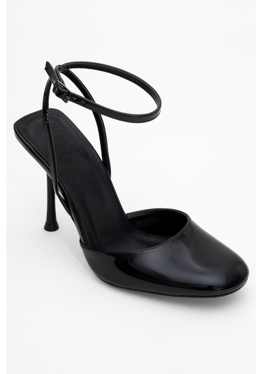 Blues Siyah Rugan Yuvarlak Burun Bilekten Bağlamalı Kadın Yüksek Topuklu Ayakkabı Siyah Rgn Siyah
