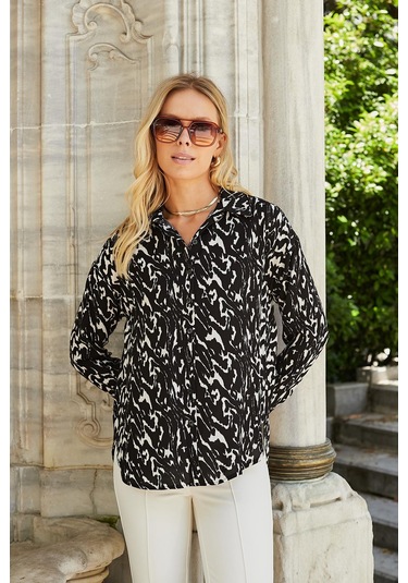 Kadın Likrasız Viskon Vual Desenli Yakalı Düşük Omuzlu Uzun Kol Şık Gömlek-Siyah Desen Siyah Dsn.
