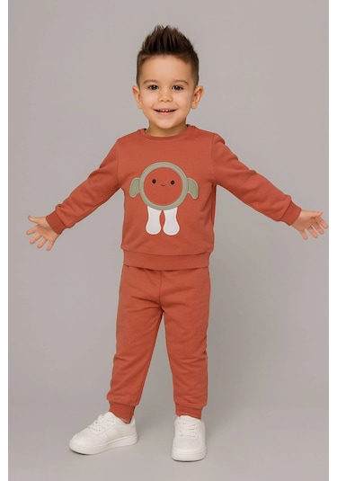 Erkek Çocuk Nakışlı İki Parça Eşofman Takımı %100 Pamuk Kiremit