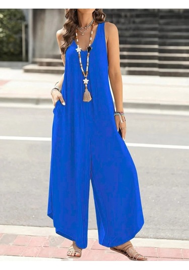 Soonaksesuar Kadın Askılı Yuvarlak Yaka Cepli Salaş Uzun Viskon Tulum Mavi