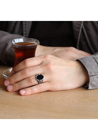 925 Ayar Gümüş Bombeli Siyah Oniks Taşlı Erkek Yüzük (429371720)