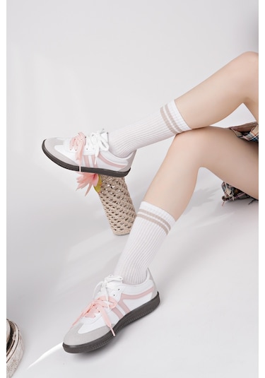 Muggo Retro Çift Bağcıklı Günlük Kadın Sneaker Spor Ayakkabı Pudra