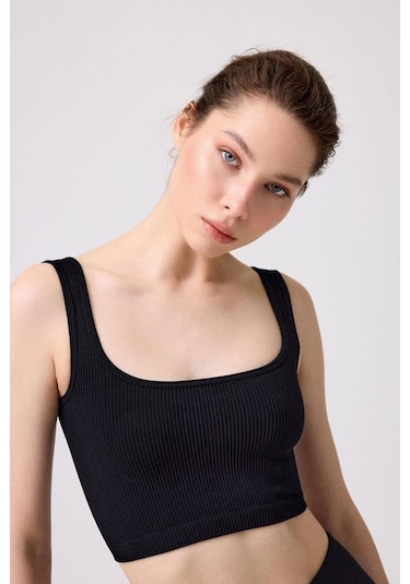 Cottonhill Premium - Kadın Siyah Seamless Orta Boy Kare Yaka Crop Top Büstiyer Siyah
