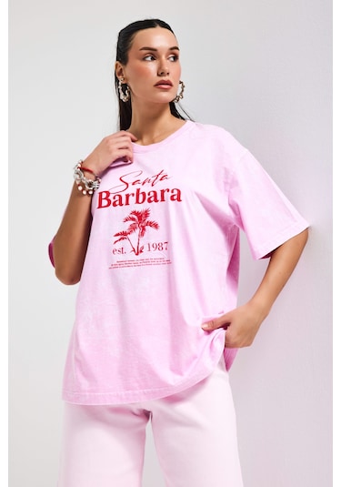 Itsbasic Kadın Pembe S6-98 Oversize Santa Barbara Baskılı %100 Koton T-shirt