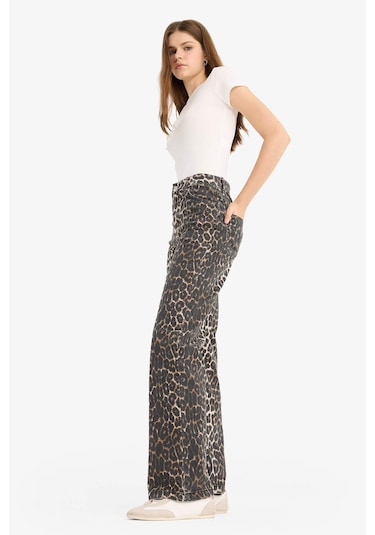 Defacto Straight Fit Yüksek Bel Leopar Desenli Uzun Boy Gabardin Pantolon D1229ax25aubk81 Siyah