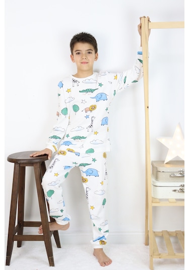 Erkek Çocuk Baskılı İnterlok Kumaş Uzun Kollu Pijama Takımı Beyaz